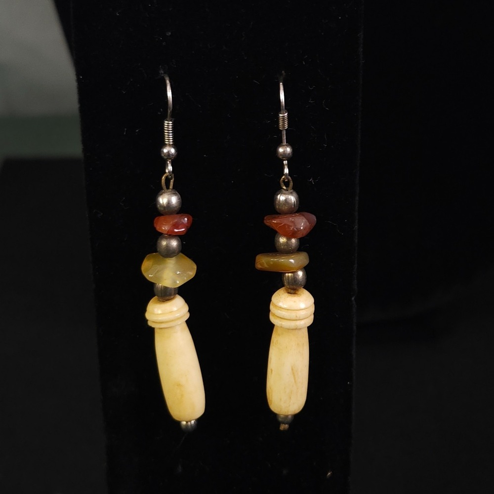 Vintage Boho Earth Tone Pierced Bead w/‎ Stone Dangle Earrings Browns